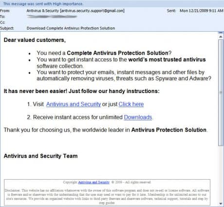 Antivirus and security scam email