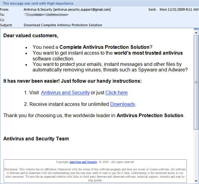 Antivirus and security scam email