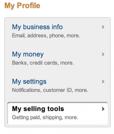 PayPal Menu - My Selling Tools