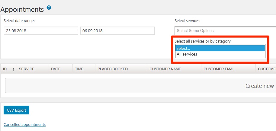Webb Booking - Service Category Options