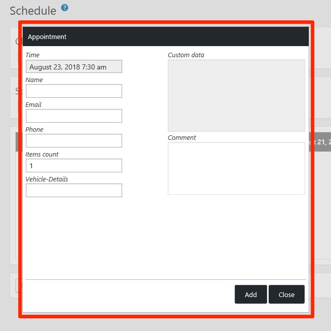 Webba Booking Schedule - Add Appointment Form
