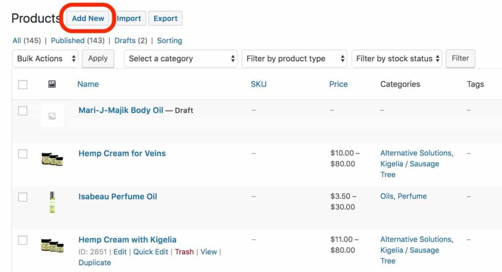 WooCommerce Add New Product Button Products List