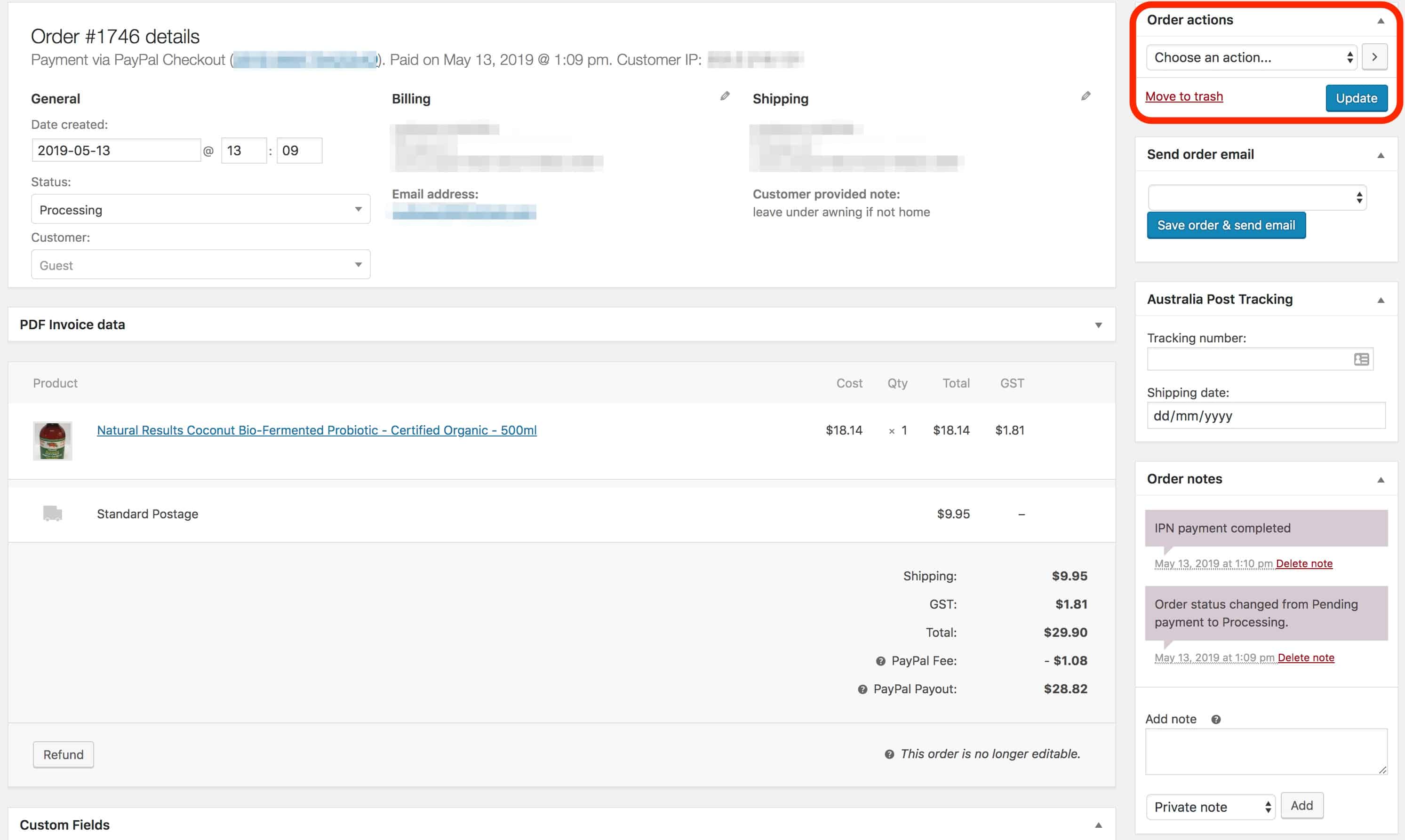 WooCommerce Order Actions
