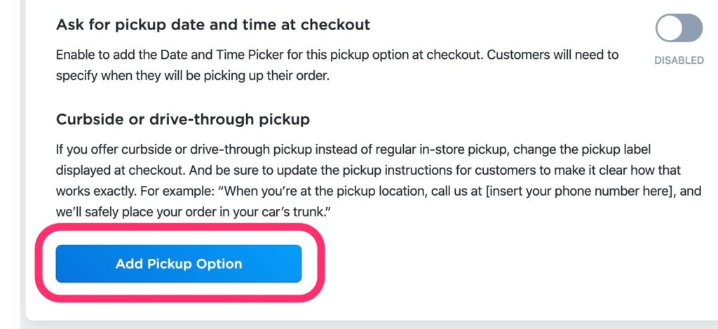 Ecwid Pickup Option Save Button