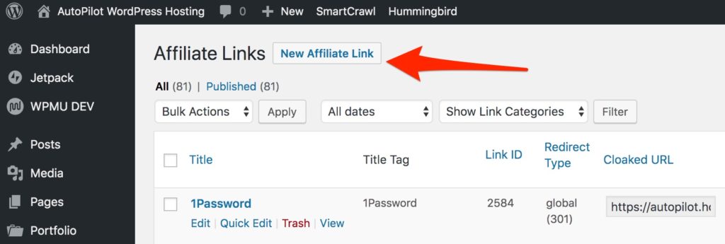 The New Affiliate Link button at the top of the list of links