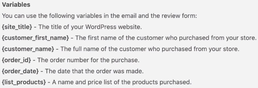 Customer Review Reminder Email Variables