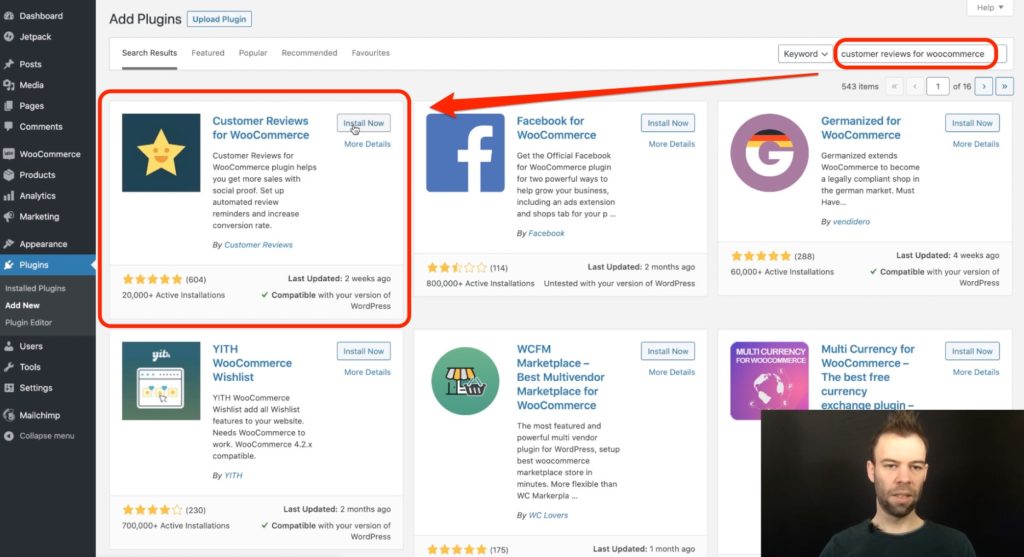 Install the Customer Reviews for WooCommerce plugin via the WordPress dashboard
