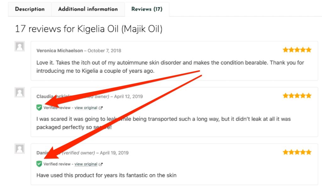 Kigelia Oil review default display with verified badges