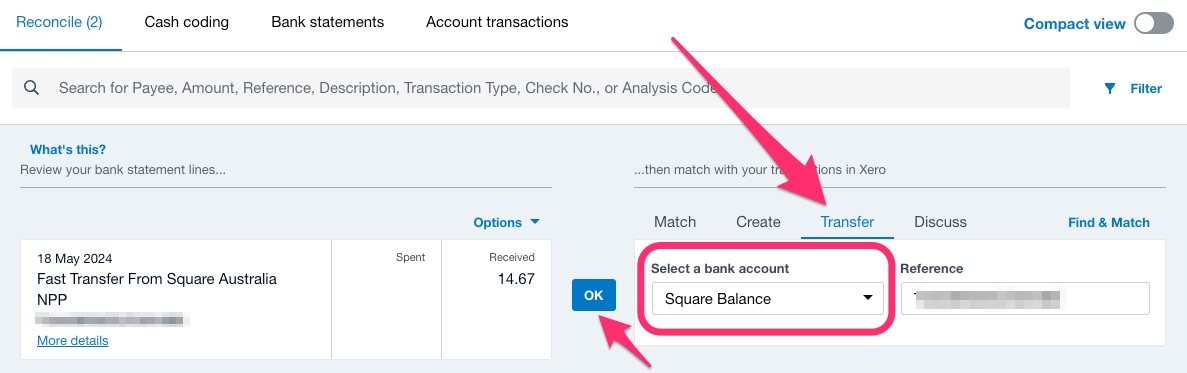 A screenshot of the Xero bank reconciliation screen showing a bank account deposit being reconciled to the Square account.